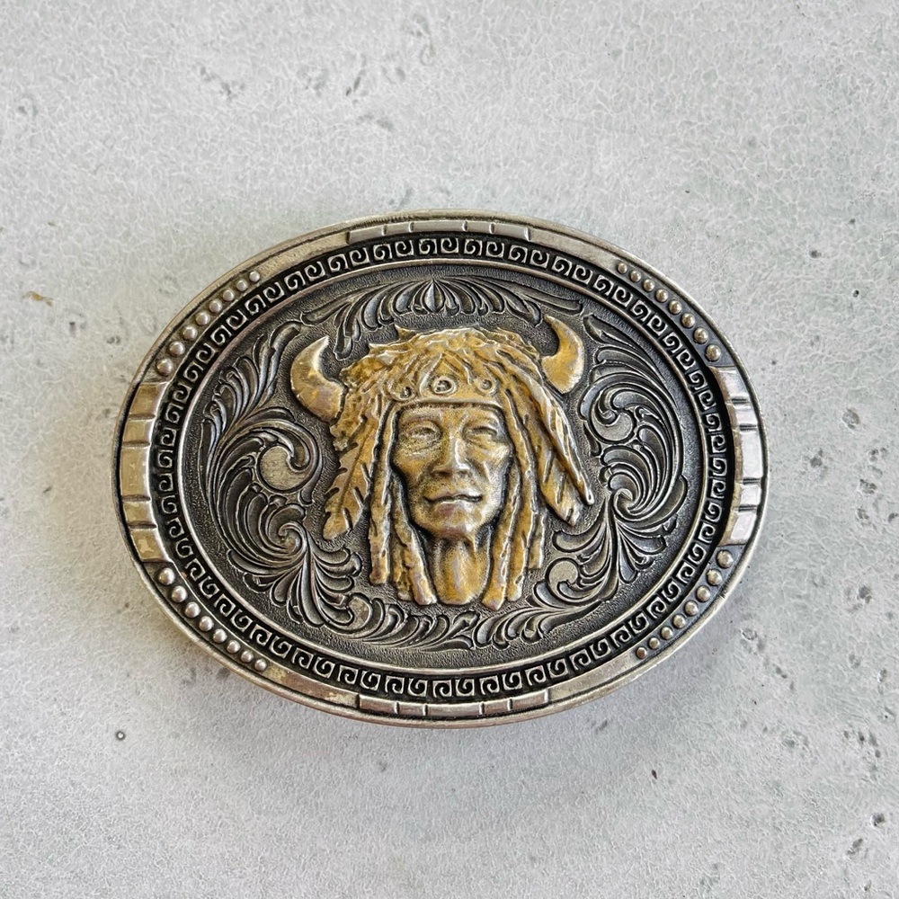 Native American Indian Chief Head In Headdress Montana Silversmiths Belt Buckle